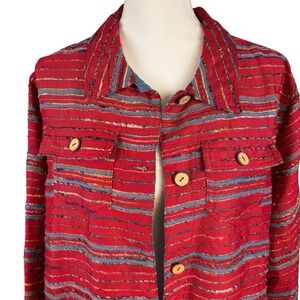 Coldwater Creek Womens Jacket Button Front Red Sz PXL Textured Striped Patriotic